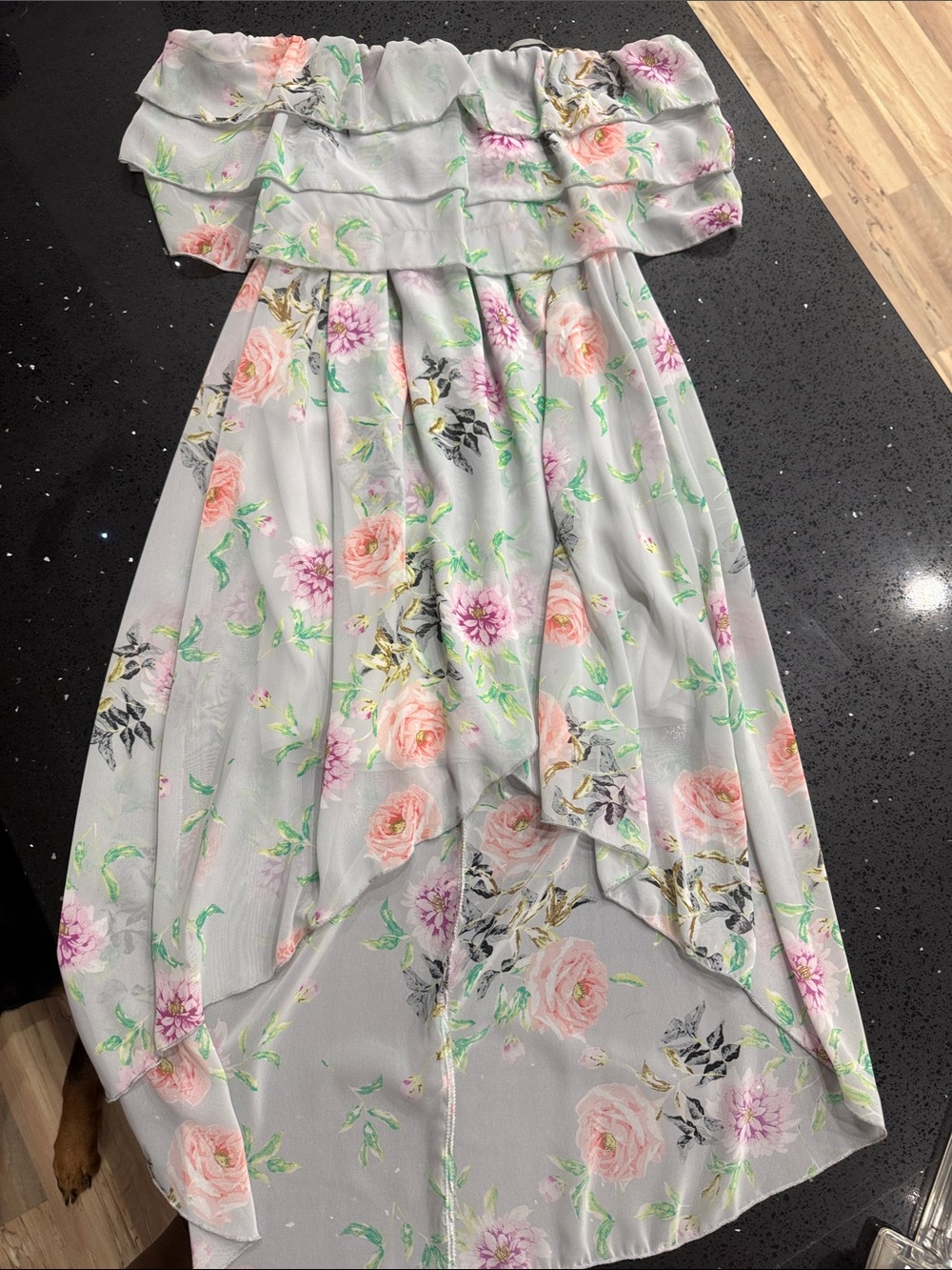 Charlotte Russe Light Gray Floral Off-Shoulder High-Low Dress